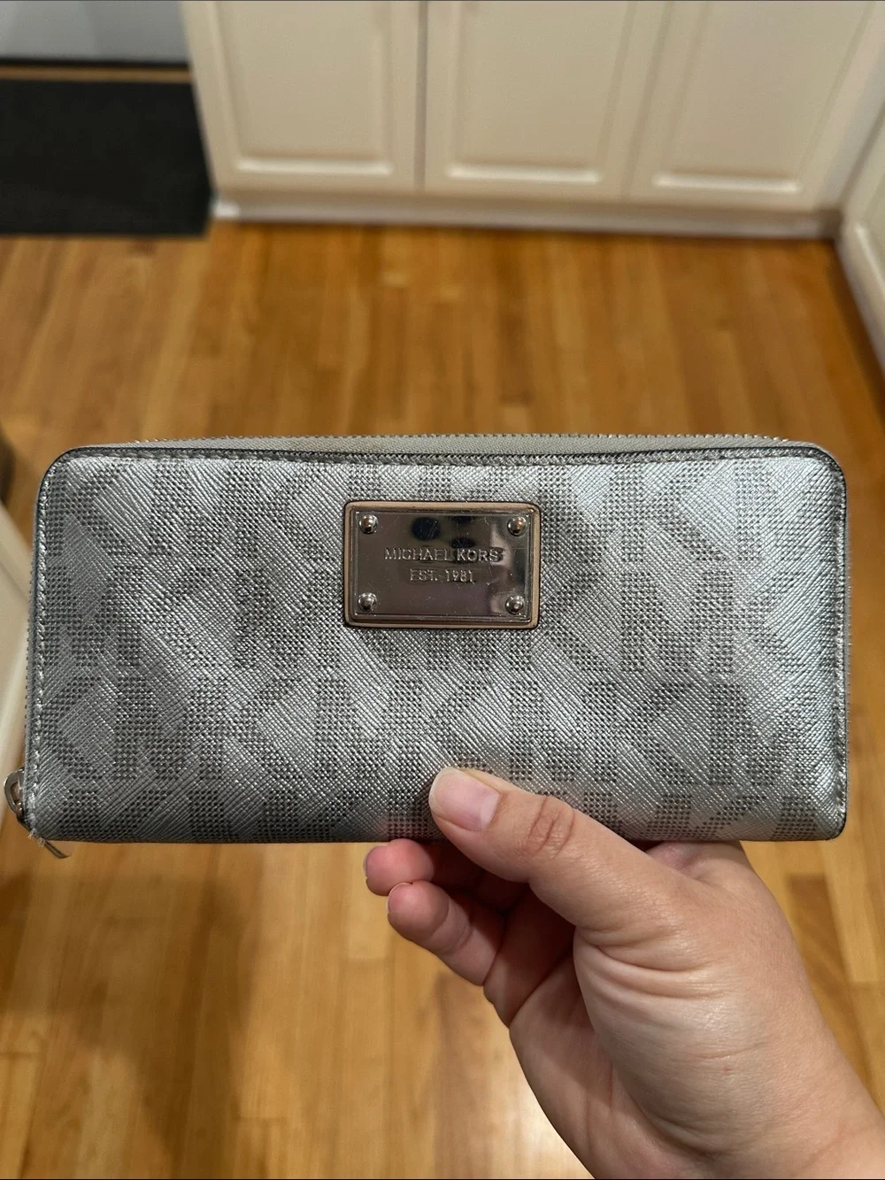 Michael Kors Silver Metallic MK Logo Zip Wallet